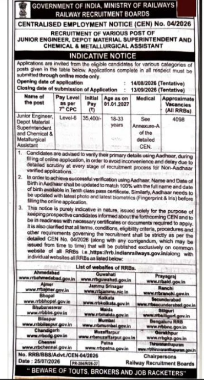 RRB JE Recruitment 2026: बड़ी खबर! RRB JE ने 4098 पदों पर भर्ती शुरू – जूनियर इंजीनियर बनने का सुनहरा मौका 6 RRB JE Recruitment 2026